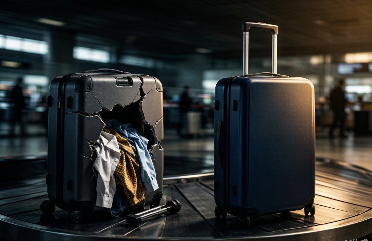Cheap broken luggage versus premium suitcase on airport carousel