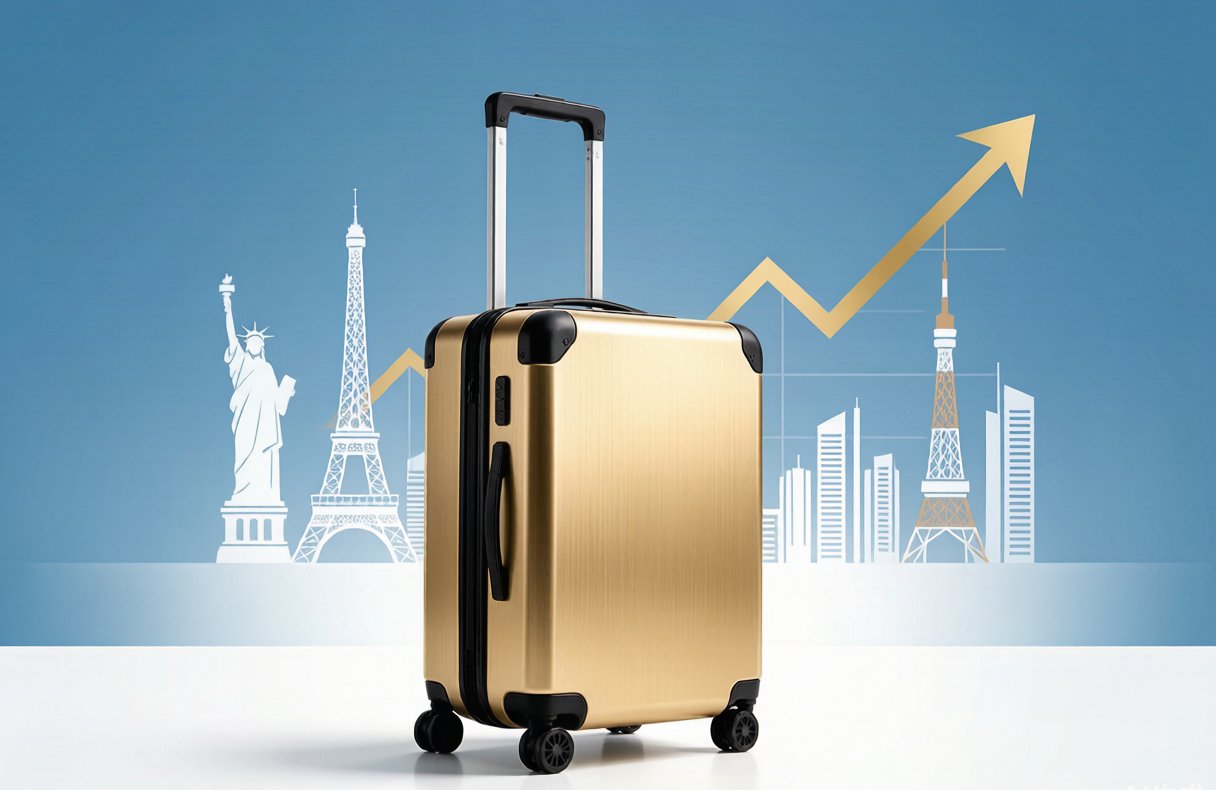 Premium gold luggage with global landmarks and rising growth chart